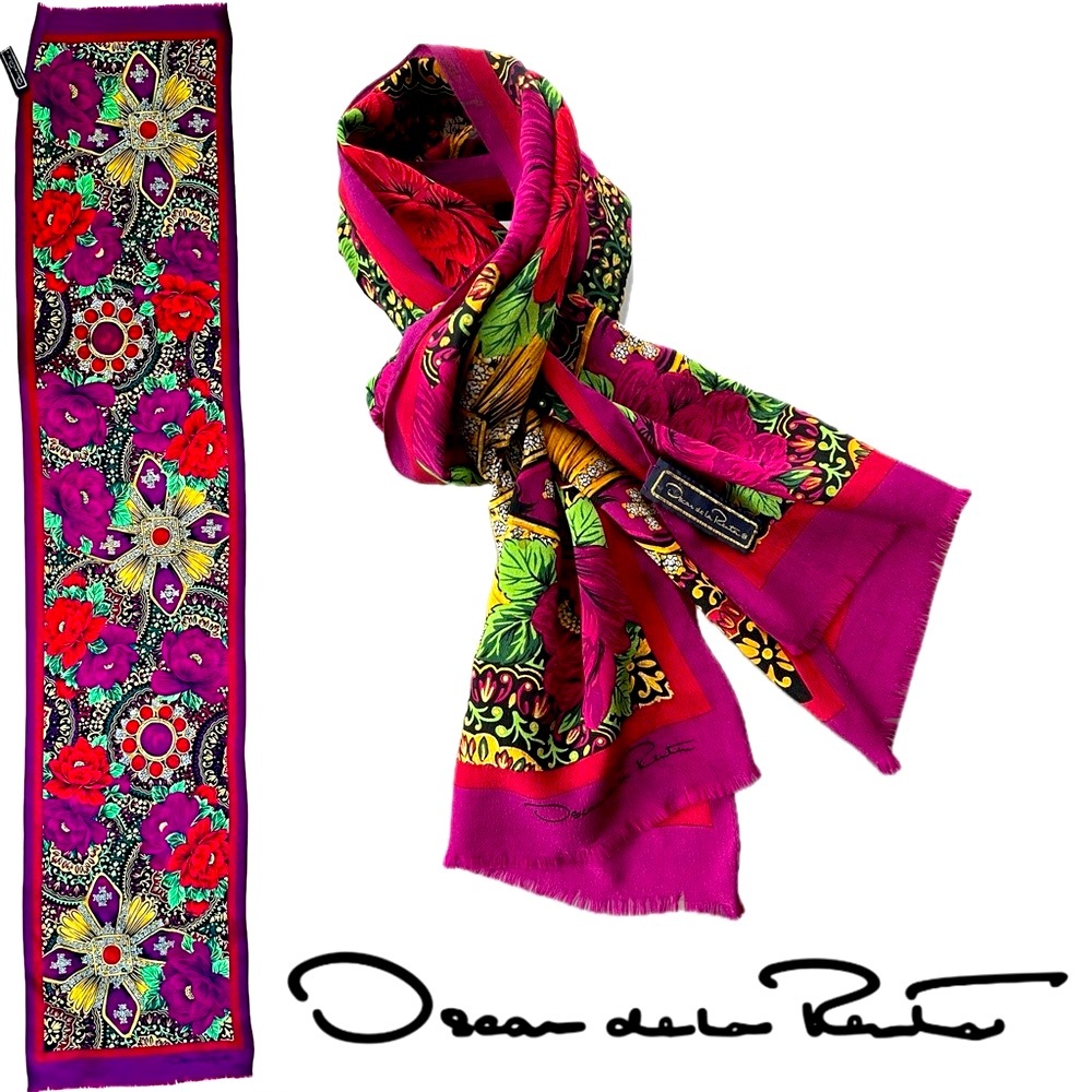 🌺Vibrant Sheer Silk Pink Floral Scarf by Oscar de la Renta | 51”x10.5” - Picture 17 of 17
